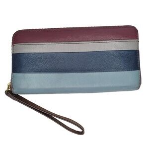 Fossil Leather Wristlet Wallet Cowhide Colorblock Zip Coin Purse Multi Slot